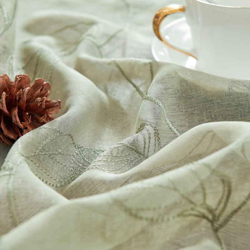 Topick Sage Green Sheer Kitchen Cafe Curtains Leaf Embroidered Voile Tiers Short Half Window Semi Sheer RV Camper Curtains Farmhouse Small Door Bathroom Basement Drapes 36 Inch Rod Pocket 2 Panels - Image 3